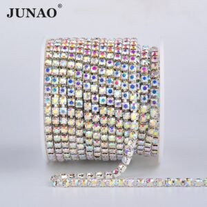 JUNAO SS6 8 10 12 16 18 Clear AB Glass Rhinestones Chain Crystal Ribbon Silver Metal Trim Strass Banding for Clothes Crafts